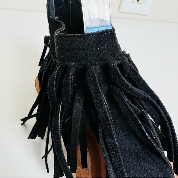 Black Suede Fringe Ankle Zip Up Brown Sole Sandals - Picture 8 of 16